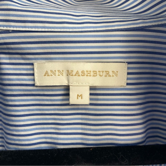 Ann Mashburn Blue White Striped Puff Sleeve Button Up Shirt Size Medium - Picture 2 of 7
